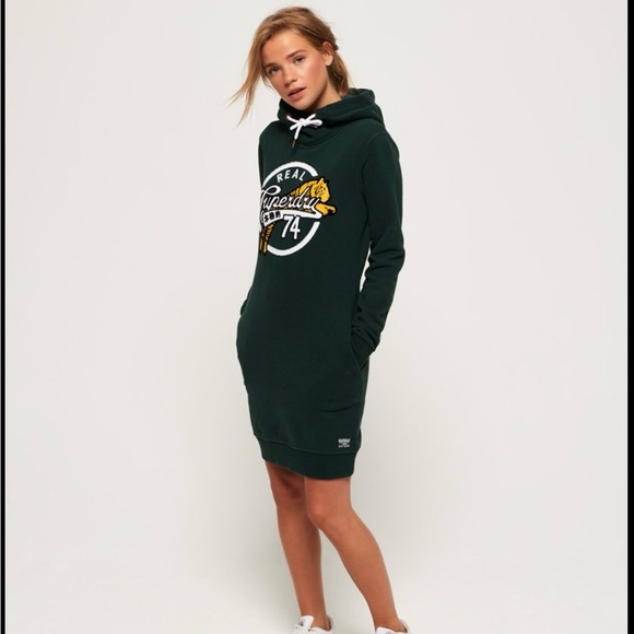 SUPERDRY Harper Hooded Sweat Dress Applique Logo Street Wear - Picture 1 of 6